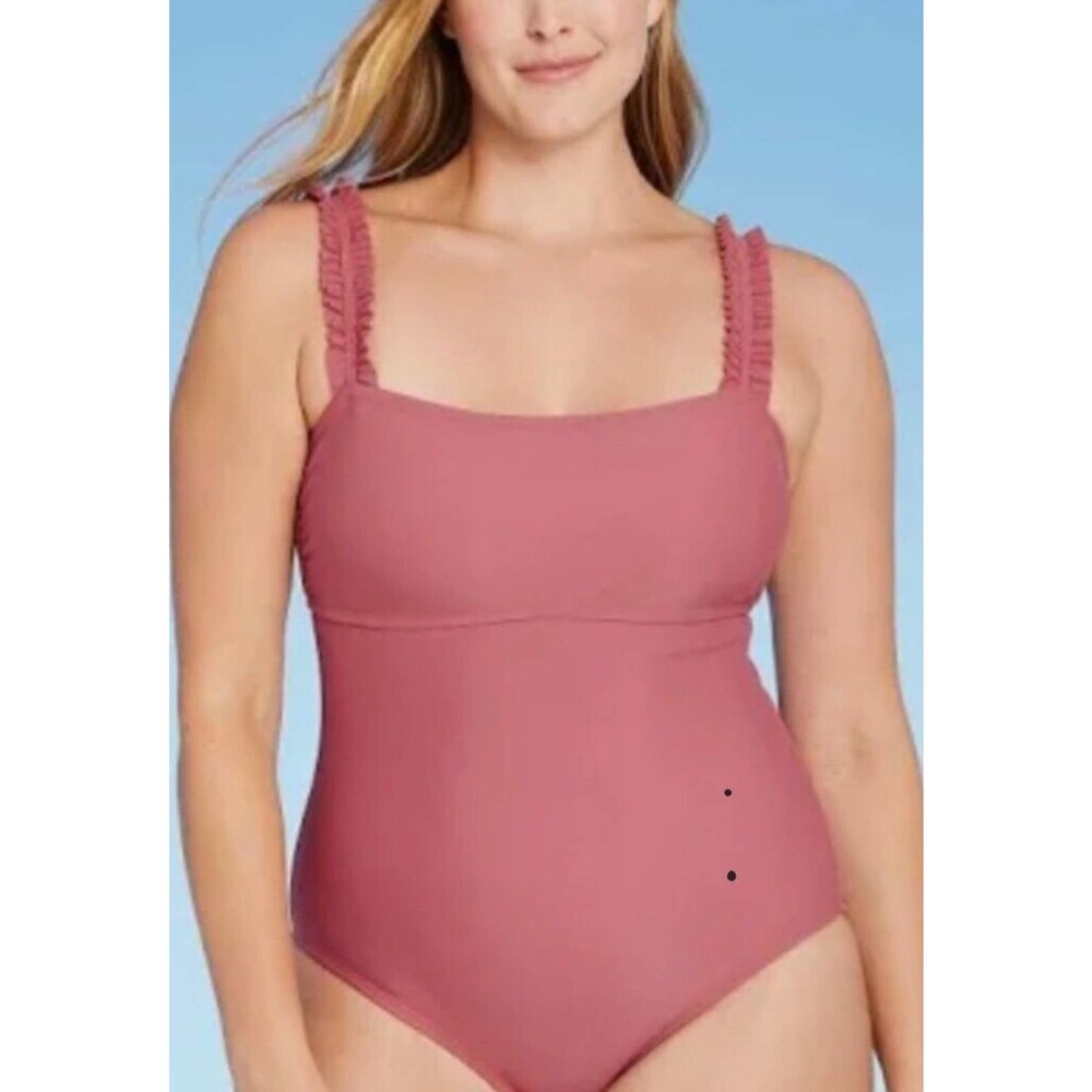 Kona Sol Square Neck Ruffle Shoulder One Piece Swimsuit Pink/Mauve Medium 8/10